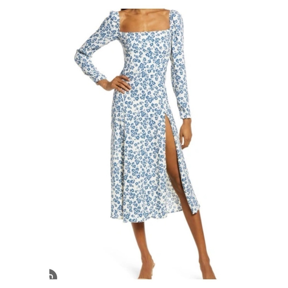 REFORMATION Sigmund Milonesa Blue White Floral Long Sleeve Slit Midi Dress Sz 24 - Picture 10 of 15